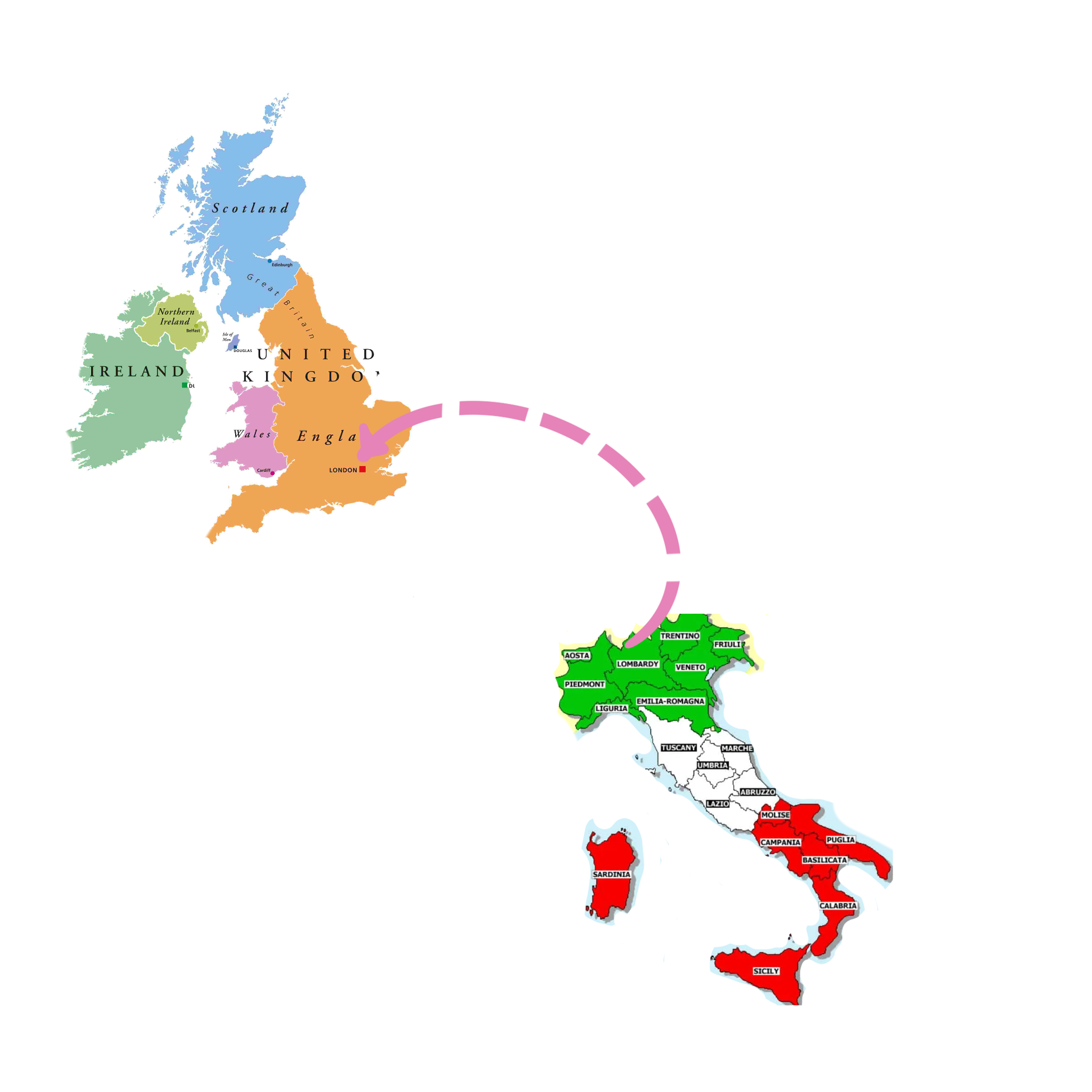 Cutout map from Italy to London